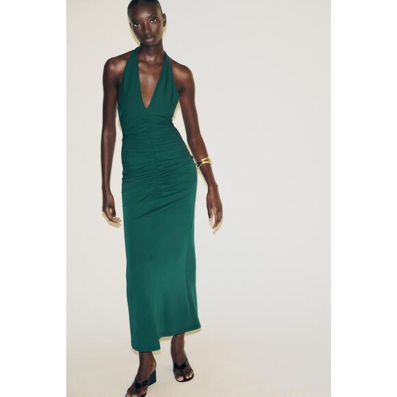 ZARA RUCHED HALTER MAXI DRESS SMALL Duck Green 5039/826/538 - Picture 1 of 6